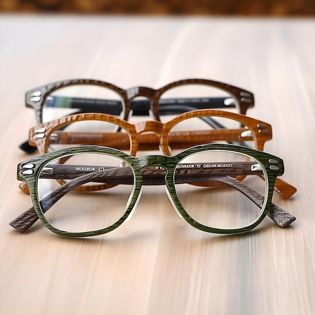 A group of glasses are lined up on a wooden table.