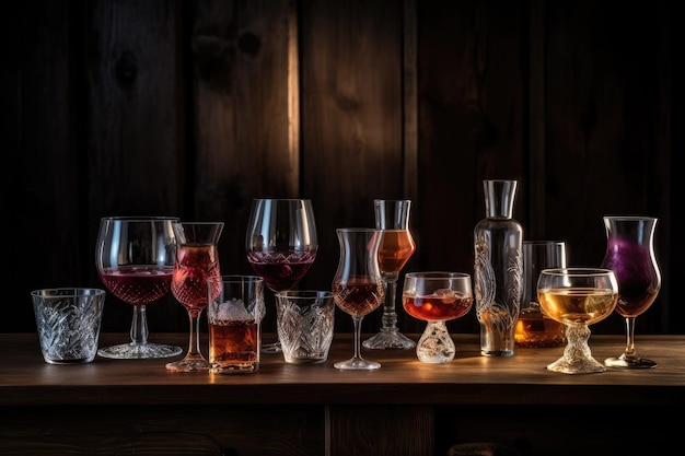 a group of glasses of different colored liquid