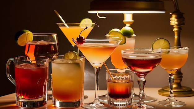 a group of glasses filled with different types of drinks and garnished with limes cherries and limes