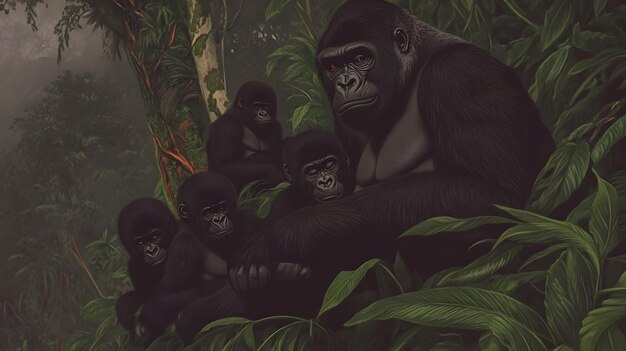 Photo a group of gorillas are in the jungle