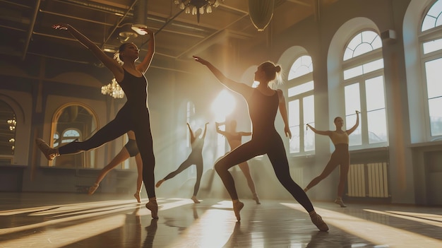 A group of graceful ballerinas practice their dance moves in a studio with large windows