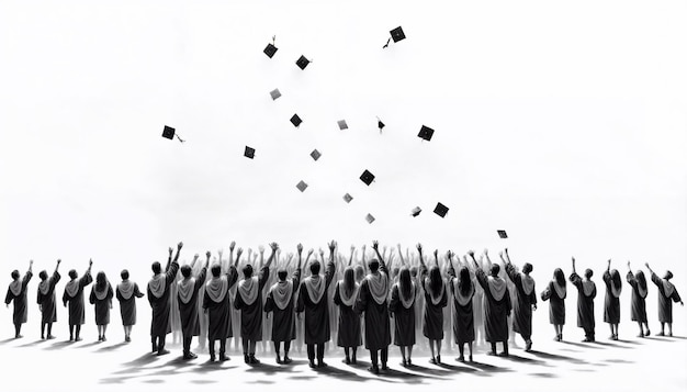 Group of graduates in black robes joyously throwing their graduation caps into the air