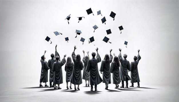 Group of graduates in gowns and caps joyfully throwing their hats in the air