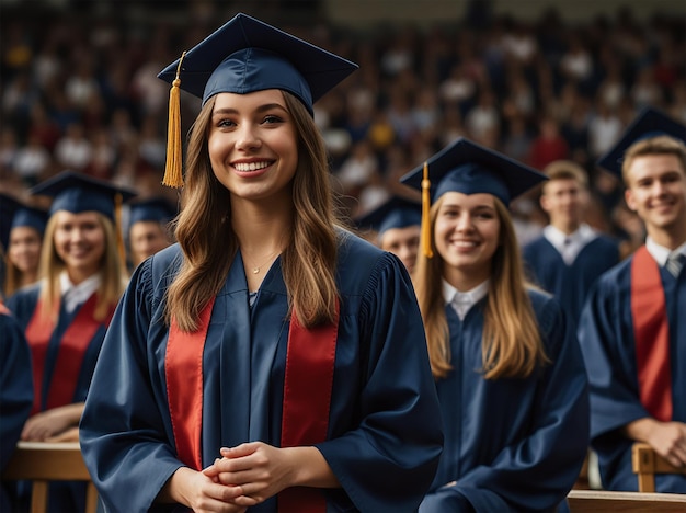 a group of graduates with their caps on and one of them has a blue cap