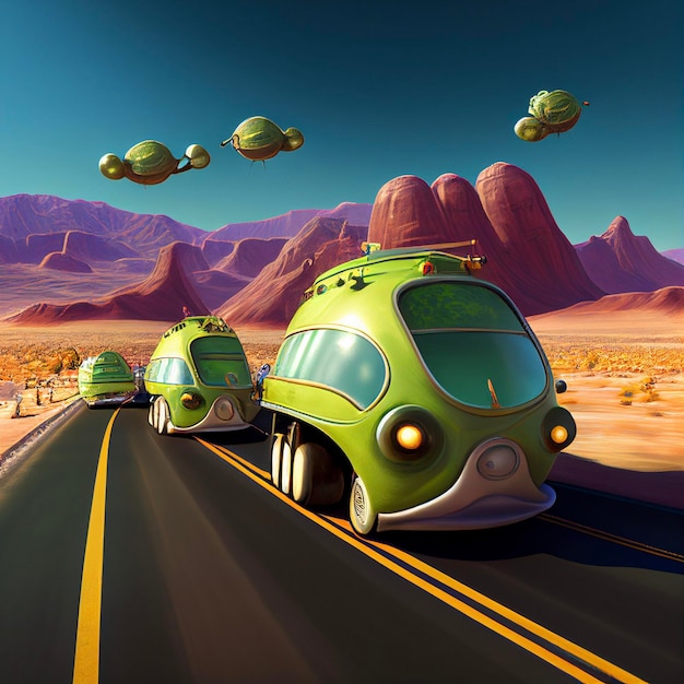 Group of green cars driving down a desert road generative ai