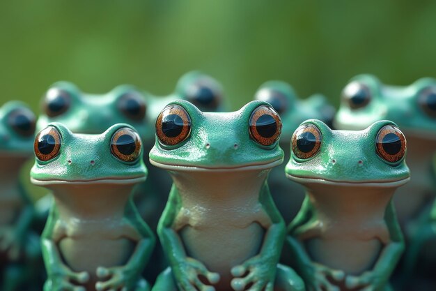 A Group of Green Frogs with Big Eyes