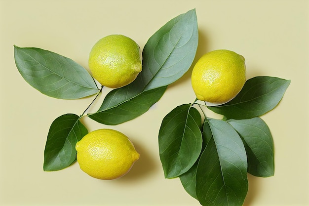 Group of Green Lemon Fruits and Lemon Leaf on Soft Yellow Background, Fresh Organic Lemon Fruit