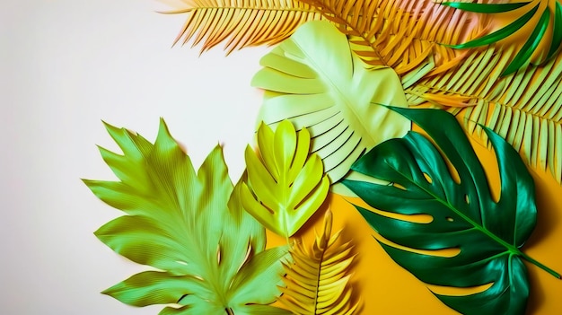 Group of green and yellow leaves on yellow background Generative AI