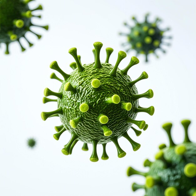 a group of green and yellow virus one of which has a green dot