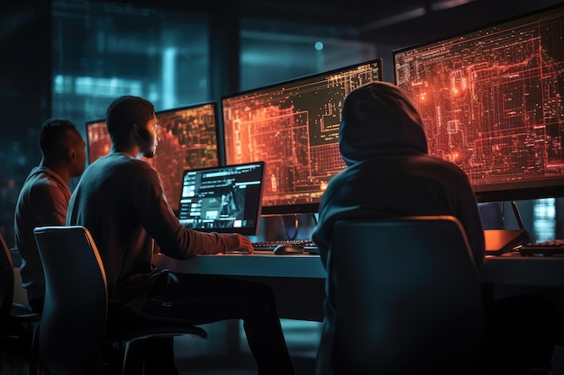 Group of hacker in hoodie stealing data from computer Cybercrime concept