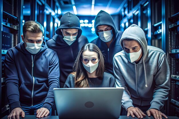 Photo a group of hackers wearing masks attempting to breach a secure server