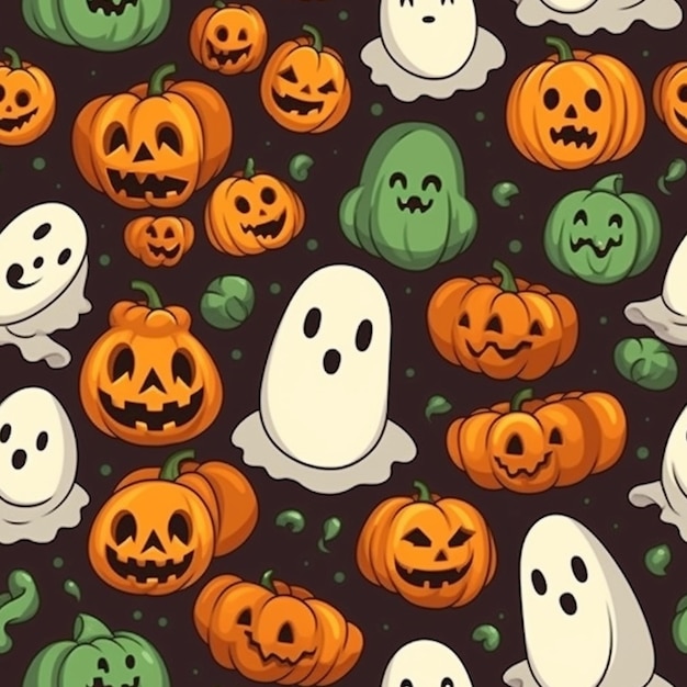 A group of halloween pumpkins and ghost heads on a black background generative ai