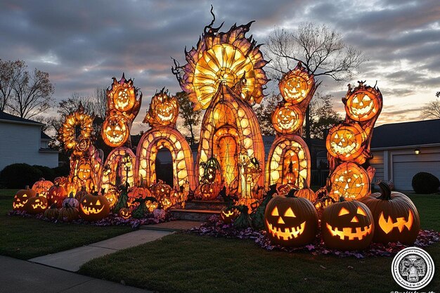 Photo a group of halloween pumpkins lit up