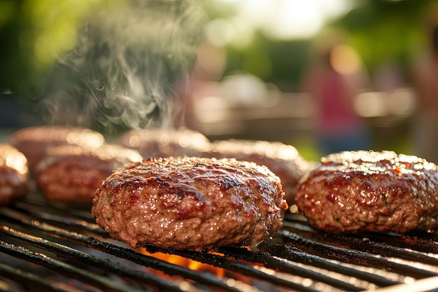 A group of hamburgers are being cooked on a grill