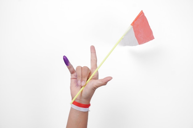 Group of hand wearing flag ribbon on wrist showing little finger dipped in purple ink after voting for Indonesia Election or Pemilu while holding mini flag isolated over white background