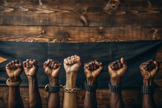 a group of hands in a fist in front of a wooden wall