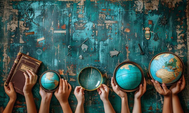 Photo a group of hands holding globes with the word world on the bottom