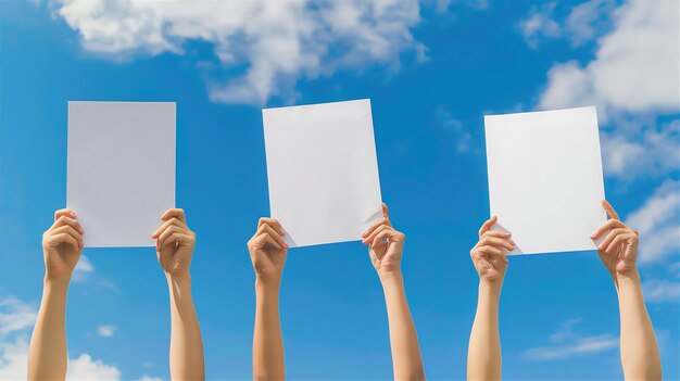 a group of hands holding up blank paper in the sky