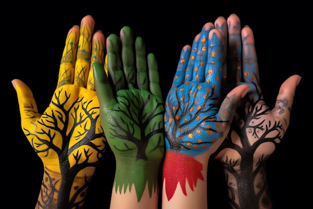 a group of hands painted with trees