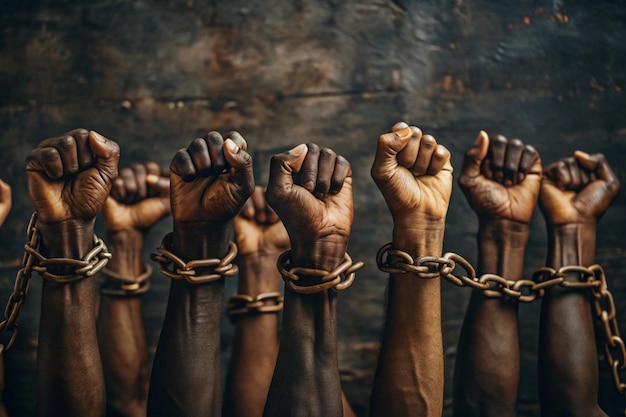 Photo a group of hands in a protest against a wall with the words  vote for justice