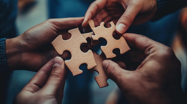 Photo a group of hands working together to put together a puzzle symbolizing unity and collaboration