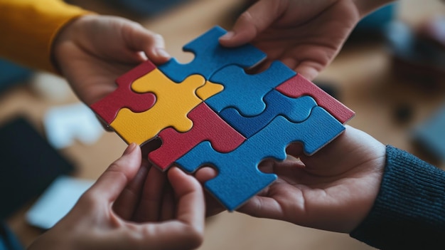 Photo a group of hands working together to put together a puzzle symbolizing unity and collaboration