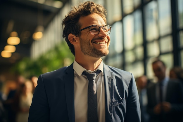 a group of happy business man and business women dressed in suits are smiling in the office