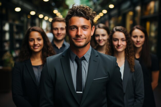 a group of happy business man and business women dressed in suits are smiling in the office