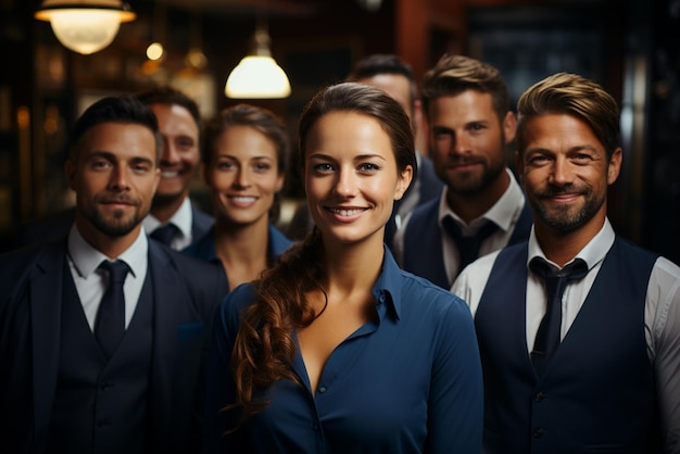 a group of happy business man and business women dressed in suits are smiling in the office