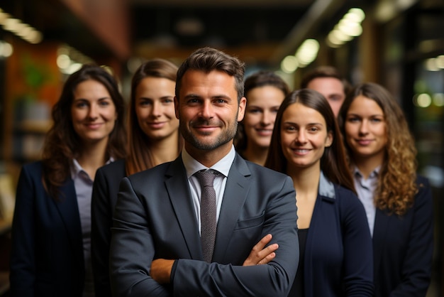 a group of happy business man and business women dressed in suits are smiling in the office