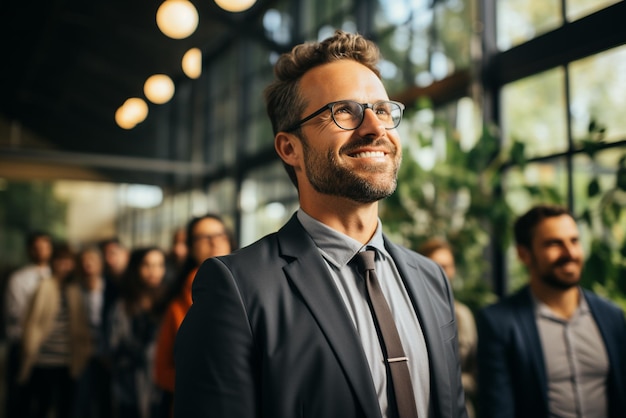 a group of happy business man and business women dressed in suits are smiling in the office