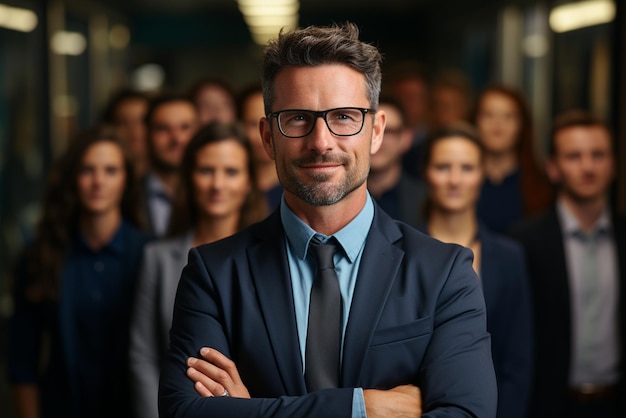 a group of happy business man and business women dressed in suits are smiling in the office