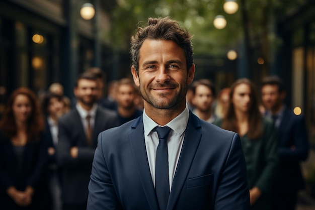 a group of happy business man and business women dressed in suits are smiling in the office