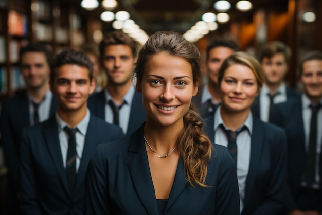 a group of happy business man and business women dressed in suits are smiling in the office