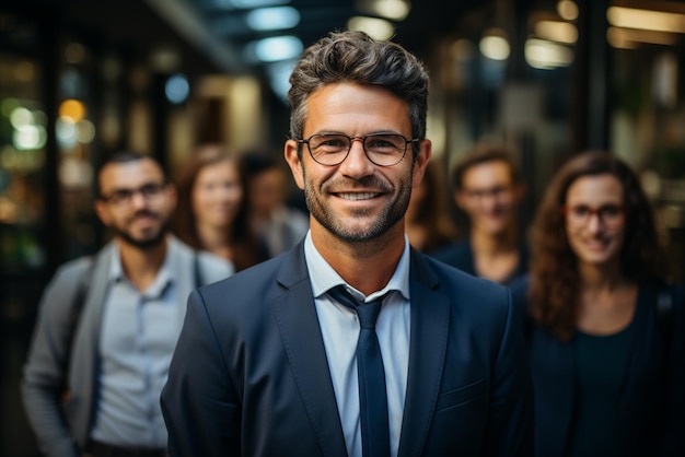 a group of happy business man and business women dressed in suits are smiling in the office