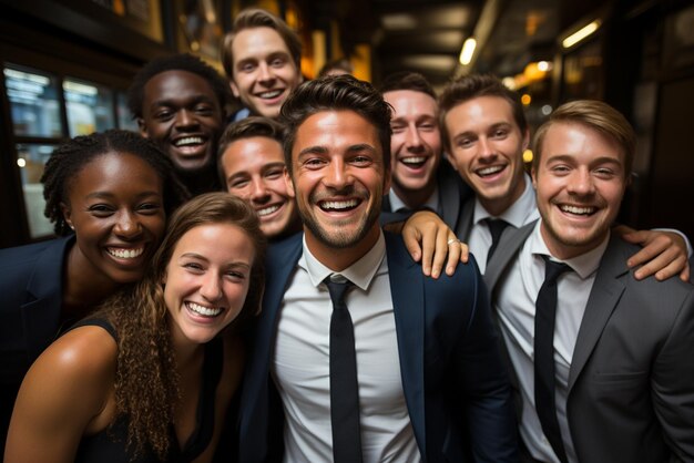 a group of happy business man and business women dressed in suits are smiling in the office