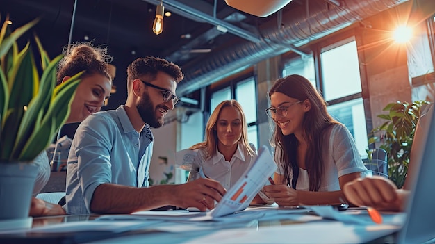 Group of happy business people working together on project in office