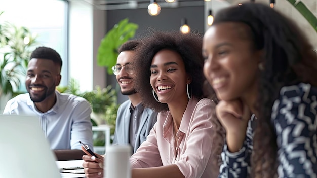 Group of happy business people working together on project in office