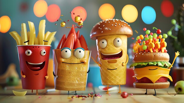 Photo a group of happy cartoon fast food characters including a burger fries cone and waffle fries