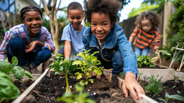 A group of happy children are planting in a garden bed