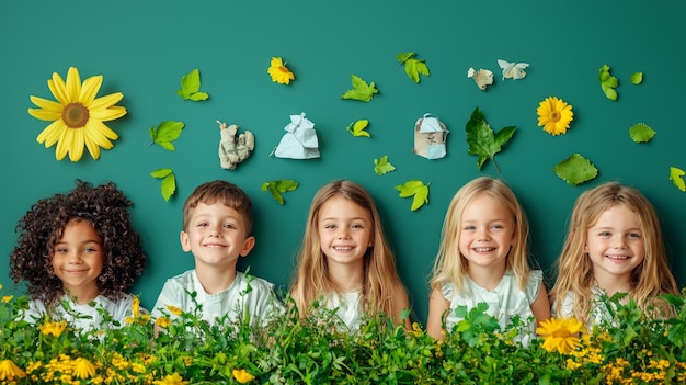 A group of happy children smiling for the camera with flowers and green leaves around them