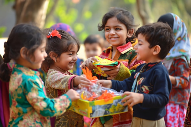 Group of happy children wearing traditional clothes exchanging gifts during eid celebration