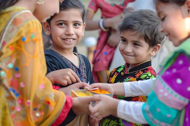 Group of happy children wearing traditional clothing exchanging gifts during a celebration