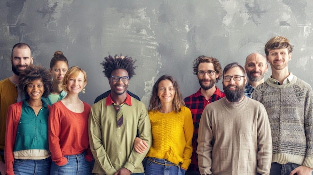 Photo group of happy diverse people stands while wearing casual cloth at wall aig53