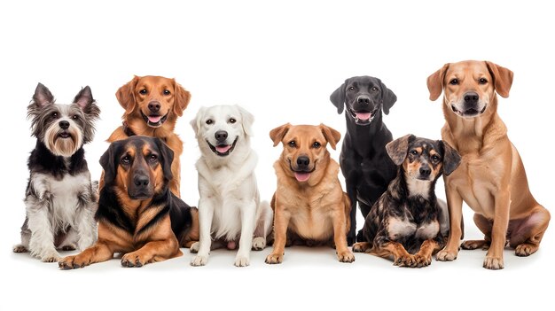 Photo a group of happy dogs of different breeds sitting together pet doggy friends studio white high quality sharp imagesgraphicillustration