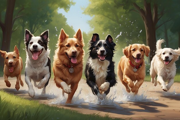 group of happy dogs playing in the water