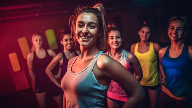 Group of happy fitness girl 20 years old during a group fitness class in the gym with Generative AI