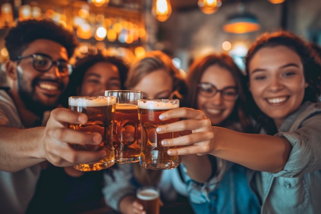 Group of happy friends drinking and toasting beer at brewery bar restaurant Friendship concept