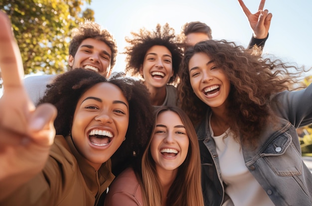 A group of happy friends posing for a selfie outdoors enjoying a sunny day and each others company