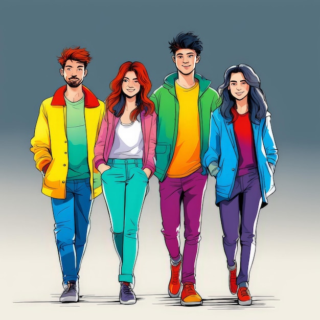 group of happy friends walking in colorful clothes group of happy friends walking in colorful c